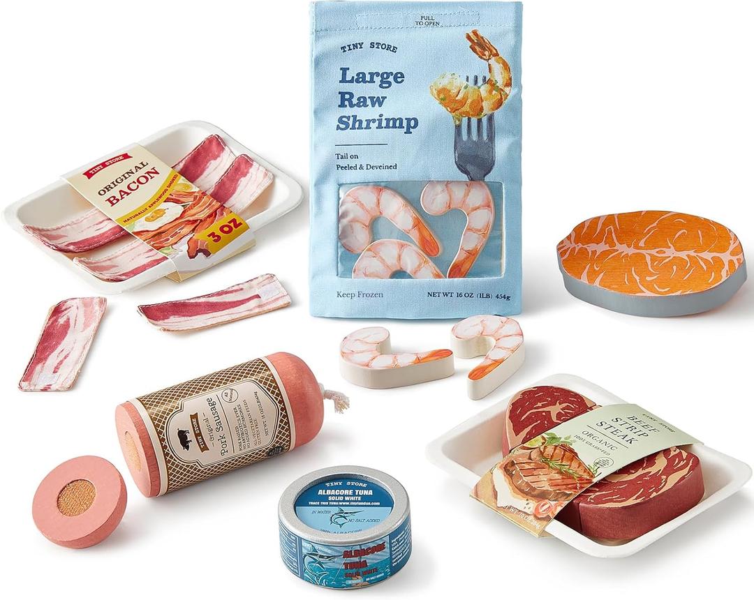 Tiny Land Organic Play Food Set - 6PCS Wooden Seafood & Meat Toy Set for Kids, Pretend Grocery for Kitchen Play, Montessori Toy Gift
