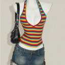 Women's Y2K Striped Backless Halter Top Sleeveless Low Cut V Neck Crop Tank Tops (S)