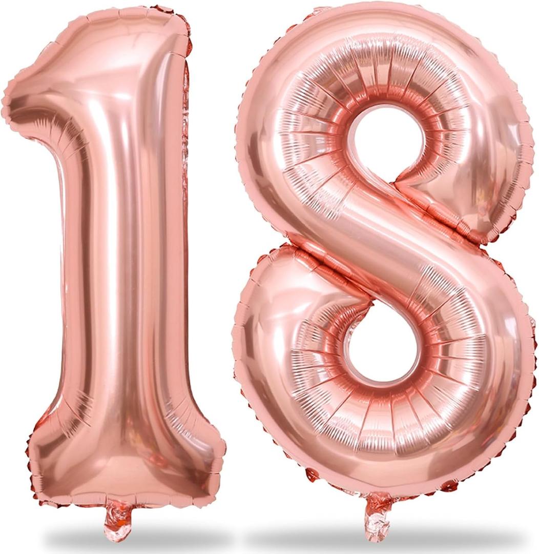 Rose Gold Number 18 Mylar Foil Balloons, 40 Inch Giant 18th Birthday Balloons for Girls, Rose Gold Number 1 & 8 Helium Balloon for Women 18th Anniversary Party Decorations Supplies