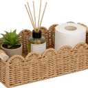 Upgraded Paper Rope Scalloped Edge Toilet Paper Storage Basket, Small Living Room, Bedroom Decor Baskets for Over Toilet Storage Shelf, End Table, Shelves and More, with 2 Wooden Handle (Neutral)