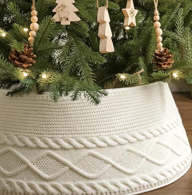 Knitted Christmas Tree Collar: Cream Crossed Diamond Edge Chunky Cable Knit Christmas Tree Collars for Artificial Trees, Farmhouse Rustic Tree Ring Tree Skirt for Christmas Home Décor