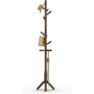 Solid Wood Coat Rack, Freestanding Tree-Shaped Coat Rack with 11 Hooks, Main Pole 1.6" dia,for Clothes, Hat Stand Used in Bedroom/Office/Entryway (3-Leg Base, Dark Walnut)