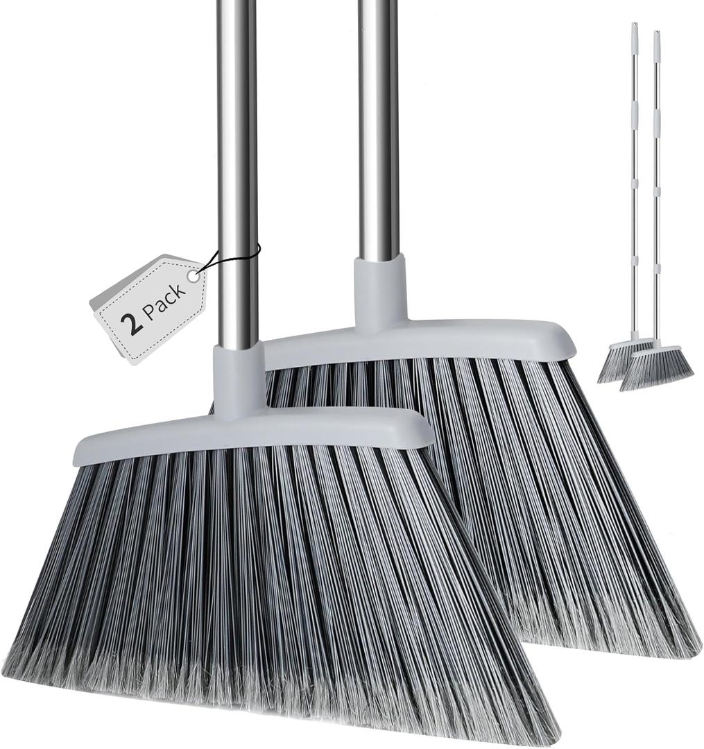 Broom, Outdoor Brooms for Sweeping Indoor, Adjustable 55" Pet Hair Removal Hevy Duty Broom for Floors Home Kitchen Garage Commercial Patio Industrial Snow (Pack of 2)