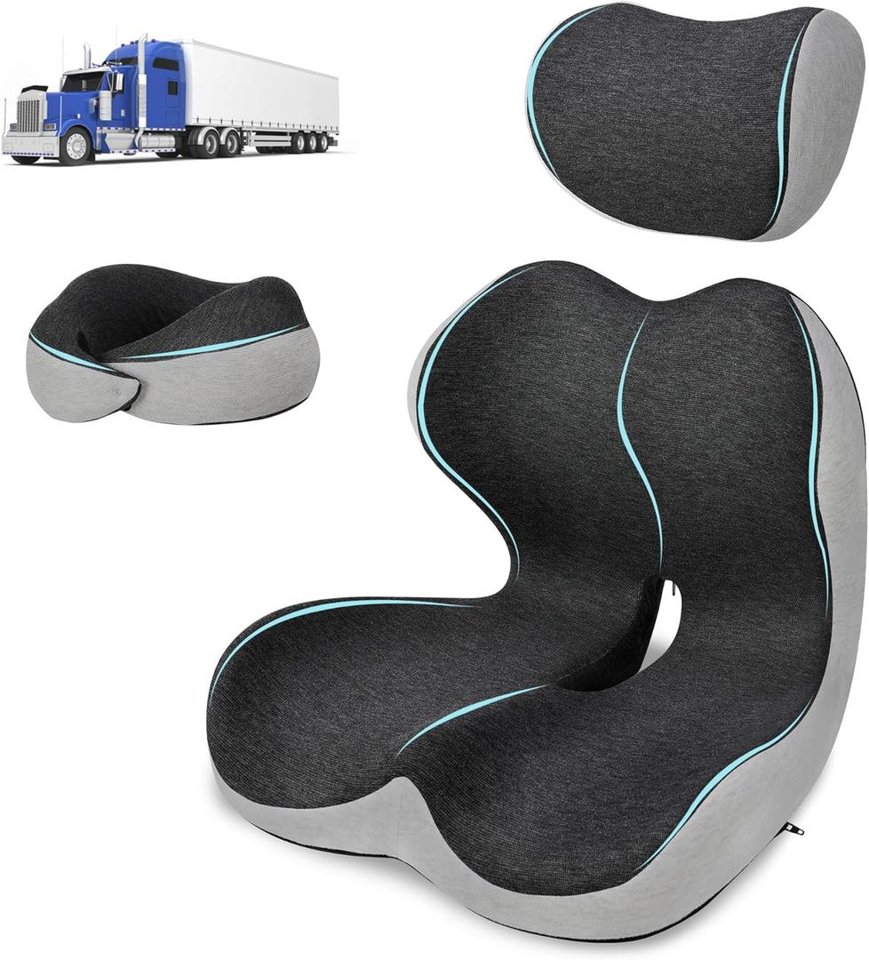 Truck Driver Seat Cushion Set - Memory Foam for Lower Back & Sciatica Pain Relief - Ergonomic Headrest Neck Pillow for Semi Truck & Car Dark Gray