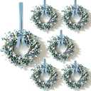 6 Pcs Small Blue Daisy Flower Hanging Wreaths for Cabinets with White Floral Eucalyptus Leaves Lavender Artificial Grains Mini Candle Rings Wreath for Home Front Door Farmhouse Coastal Blue Porch