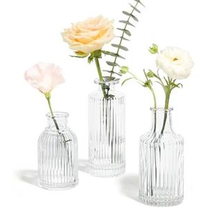 ComSaf Glass Bud Vases Set of 3, Small Flower Vases in Bulk, Mini Ribbed Vases for Centerpieces, Clear Vintage Vase for Table Decorations, Wedding, Party, Receptions, Home Decor (Different Sizes)
