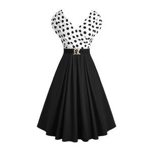 ROSE GAL Women Plus Size 1950s Vintage Retro V Neck Cocktail Swing Dress Crossover Sleeveless Polka Dot Ruched Fit and Flare 50s A Line Wedding Evening Party Belt Dress(Black_1/L)