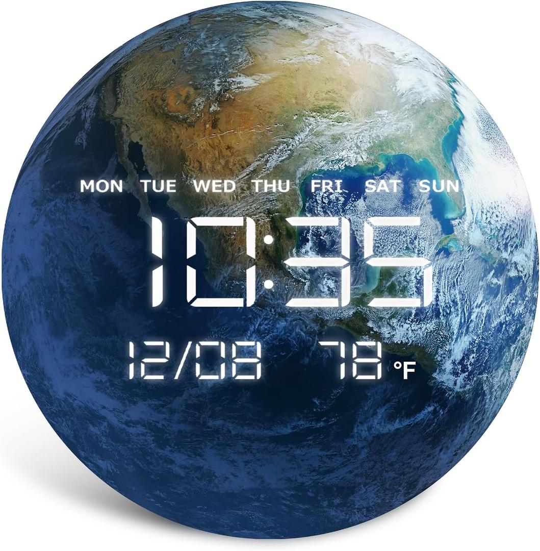 Digital Wall Clock, LED Moon/Earth Design, Temperature Display, 7.87 x 7.87 inches (Earth, 12.59 INCH)