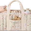 Blissful Diary Floral Diaper Caddy Organizer, Stylish Nursery Storage Basket, Gift for Baby Shower, Newborn Essentials, Floral Beige, 10"D x 15"W x 7"H
