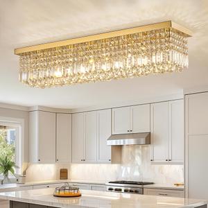 Siljoy Modern Gold Crystal Chandelier for Dining Room, 8-Light Rectangular Flush Mount Crystal Raindrop Chandelier, Luxury Dimmable Crystal Ceiling Light for Living Room Hallway Bedroom L40''