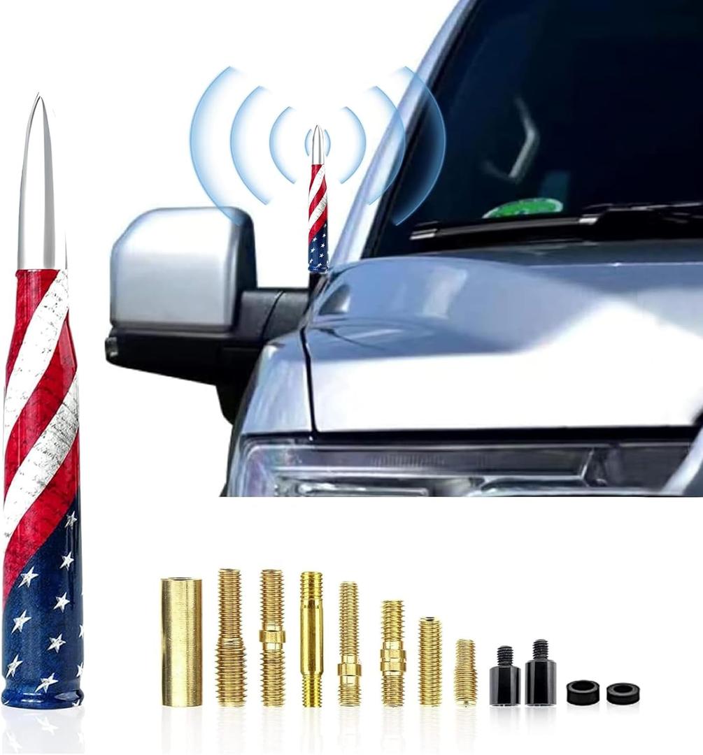 Pack of 1 Car Antenna, 0.78" x 5.51" Patriotic Elements American Flag Design Anti-theft Vehicle Signal Bullet Antenna, Personalized Decoration Signal Booster for Chevrolet Ford Dodge Ram (Silver)