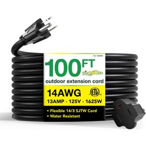 Go Green Power Inc. (GG-13800BK) 14/3 SJTW Outdoor Extension Cord, Black, 100 ft