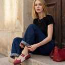 iiimmu Fashion Sneakers Ballerina Flats with Elastic Straps Casual Walking Shoes Lightweight Comfortable Dress Flats with Rubber Sole Faux Suede (8, Red White)