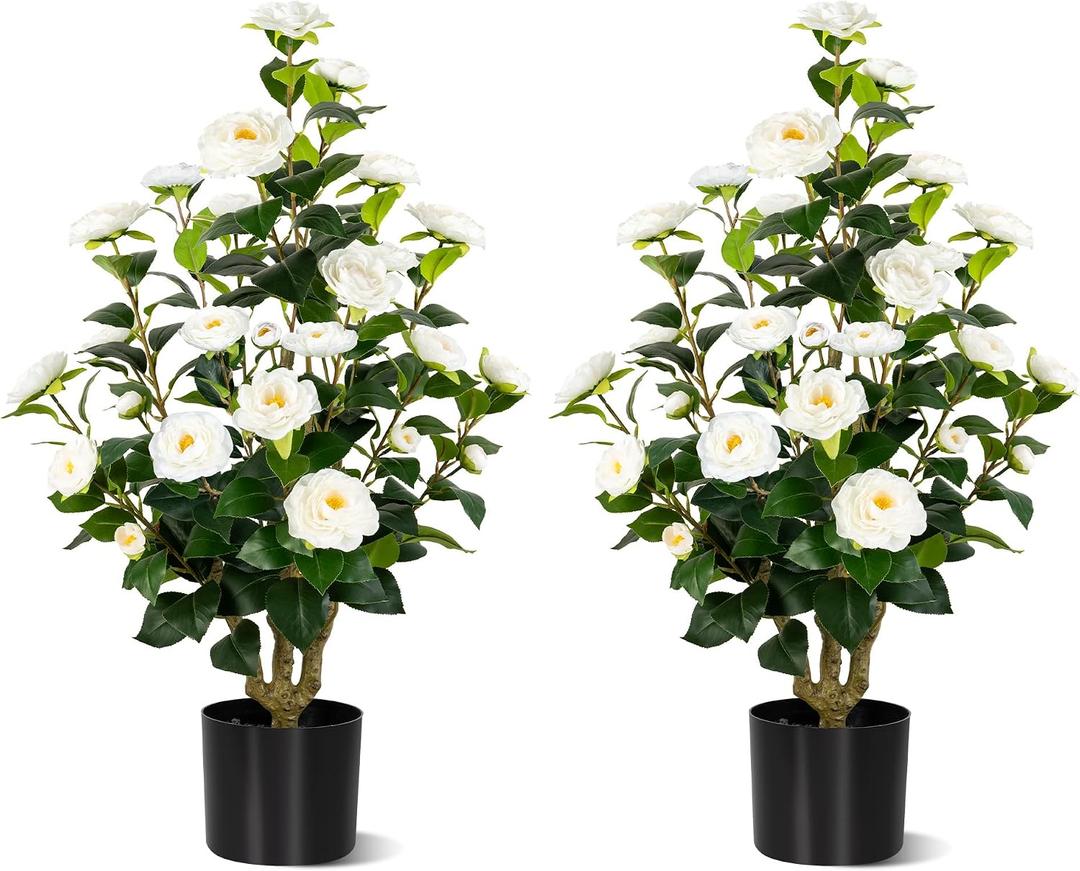[2-Pack] 37 Artificial Camellia Tree with White Flowers, Faux Potted Plant for Indoor & Outdoor Decor, Lifelike Greenery for Home, Office, Porch, or Patio (White)