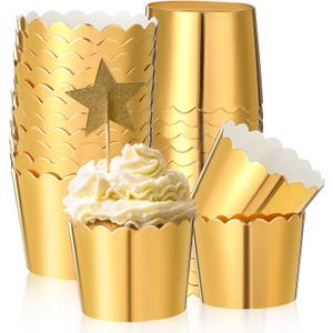 Meanplan 100 Pcs Foil Cupcake Liners Sturdy Muffin Baking Cups Cupcake Wrappers for Christmas Wedding Birthday Party Decoration, 1.97 x 1.77 Inch (Gold)