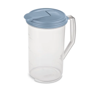 Sterilite, Pitcher, 2 Quart Round Pitcher, Clear Plastic, Flip-top Spout, Light Blue, plastic, 2 quart, useful for everyday beverage storage.