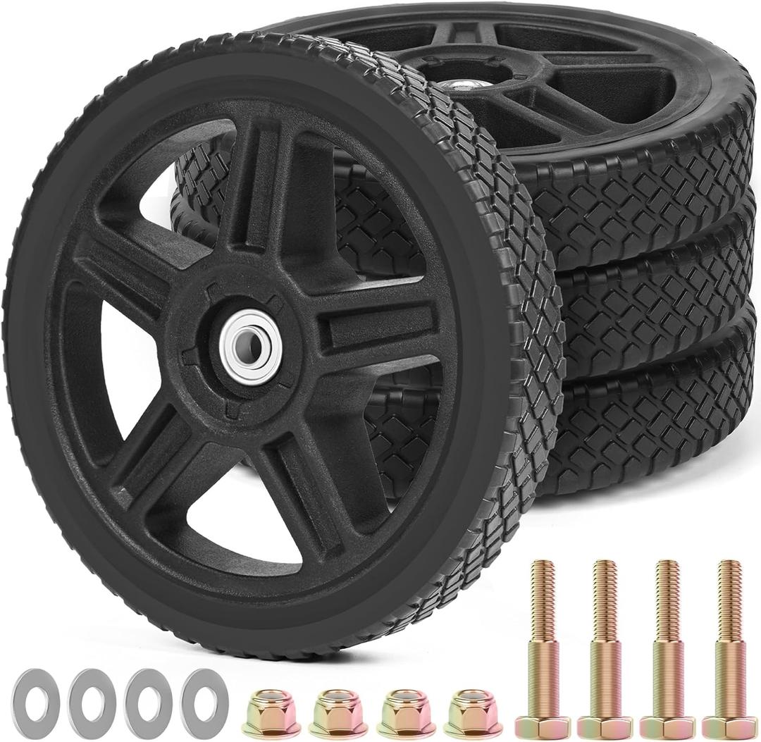 10 Inch Lawn Mower Wheels Kits Universal 10" Push Mower Wheels with 1/2" Bearing, Bolts & Nuts, Plastic Replacement Tires for Most Standard Garden Tiller, Pressure Washer, Handtruck, 4 Pack