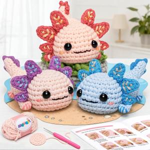 Mewaii Beginner Crochet Kit with 40% Extra Yarn, Pre-Started Yarn & Video Tutorials - 3 Axolotl Craft Set for Adults & Kids (Pink and Purple)