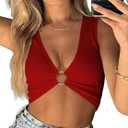 Sexy Crop Tops for Women Sleeveless Deep V Neck Workout Tops Plunge Ring Cleavage Cropped Tank Top (M, Red)