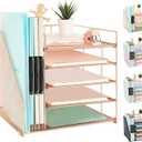 AUPSEN Desk Organizer with File Holder, 5 Trays Paper Letter Tray Organizer, Mesh Desk Organizers and Accessoriesand for Home Office (Rose Gold)