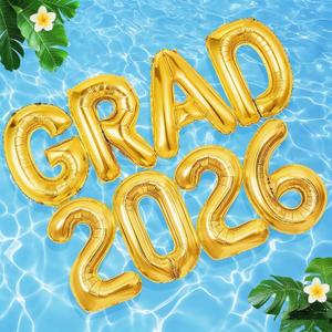 8 Pcs Grad Balloons Graduation Party Decorations - 32 Inch Large Grad 2026 Inflatable Pool Float Letters Balloons, Gold Aluminum Foil Congrats Grad Balloon for Graduation Celebration Beach Party Decor
