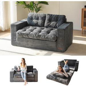 MAXYOYO Convertible Sofa Bed, Pull Out Loveseat Sleeper Sofa, 2 in 1 Folding Couch Bed, Fold Out Floor Couch with Pillows for Living Room Bedroom Lounge, Dark Grey