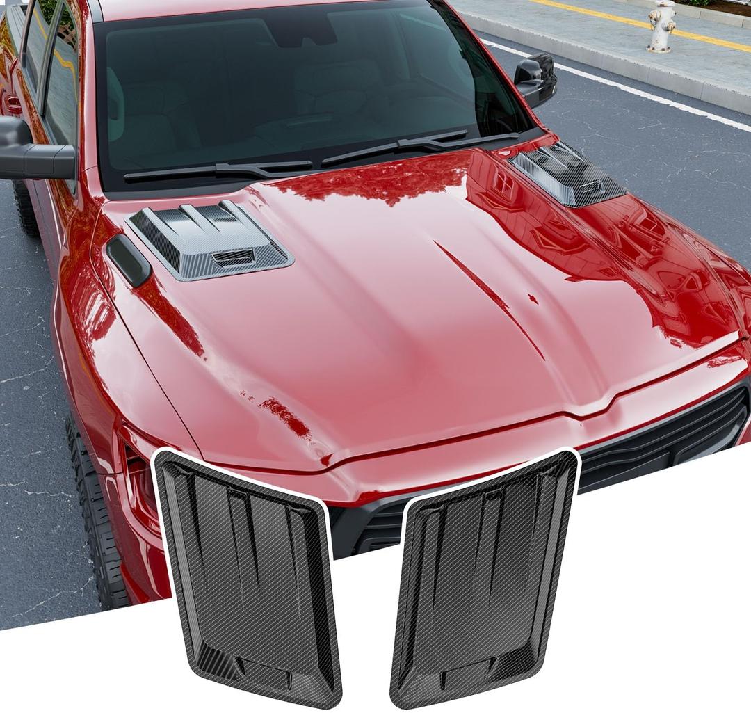 2PCS Hood Air Vent Trim Covers Compatible with 2019-2025 Dodge Ram 1500 Bonnet Air Vent Glossy Carbon Fiber (No TRX RHO) Engine Hood Kit Replacement for 2019-2025 Dodge Ram 1500 Accessories