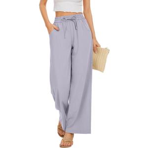 Women Flowy Pants Drawstring Waist Wide Leg Palazzo Beach Pants Loose Fit with Pockets (Large Short, Purple)