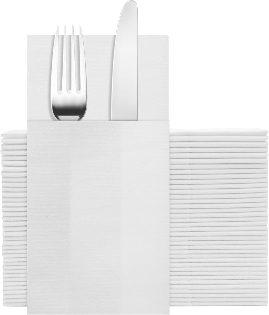 White Napkins Hand Towels Disposable, Linen Feel Dinner Napkins with Prefolded Built-in Flatware Pocket, Guest Paper Hand Towels For Wedding, Dinner Or Party (16x16in, 50Pack