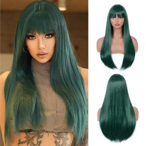 Green Wig with Bangs for Women  Long Straight Heat Resistant Synthetic Wig for Daily Use, Party, Halloween, Cosplay  24 Inch Green Wigs for Girls