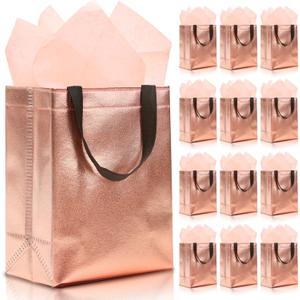 KeerxunBag 12pcs Reusable Gift BagsIncludes Tissue Paper Gift bag with handle Birthdays Parties Holidays Weddings Medium 10x4x8in rose gold Gift Bags