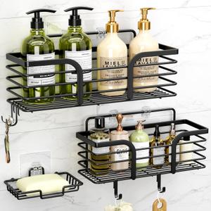 Shower Caddy, Adhesive Shower Organizer with Soap Dish and 4 Hooks, Rustproof Stainless Steel Shower Shelves, Wall Mounted No Drilling Storage Shelf Basket Accessories for Bathroom & Kitchen (Black)