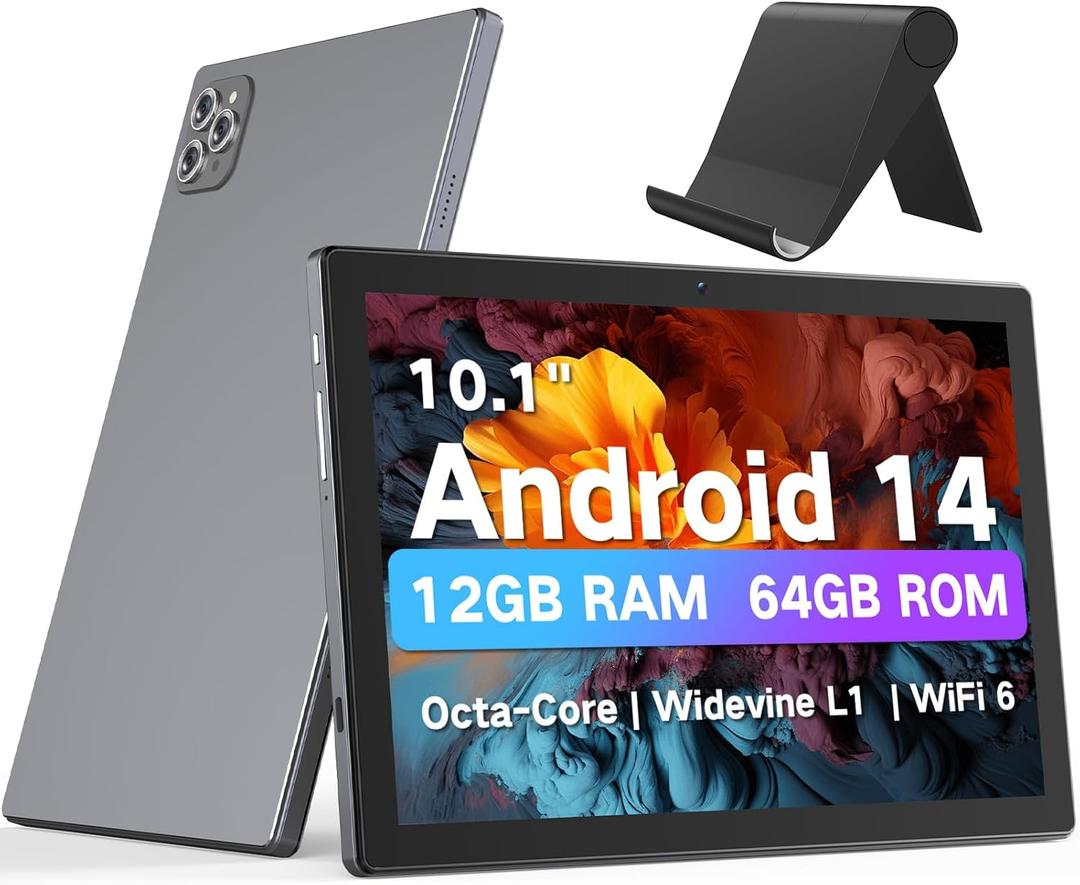 Android Tablet 10.1 Inch, 2025 Android 14 Tablets with Octa-Core CPU, 12GB RAM + 64GB ROM (2TB Expand), Wi-Fi 6 BT 5.0 Tablet PC Long-Life Battery HD Touchscreen Tablets for Adult(Gray)