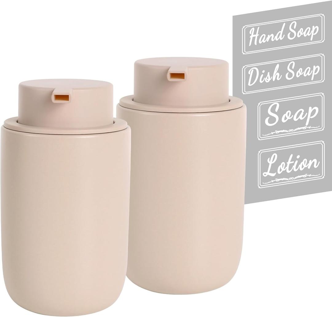 BosilunLife Foaming Soap Dispenser Set - Khaki Ceramic Foam Hand Dispenser 12oz Soap Dispenser Set with Rust Proof Pump, 4Pcs Clear Stickers for Kitchen, Bathroom - 2 Pack