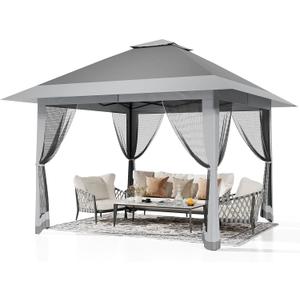 13x13FT Pop-Up Gazebo, Instant Canopy Gazebo with Mosquito Net & Double Roof, Adjustable Height Canopy Tent, UV-Resistant Outdoor Shelter for Patio, Backyard, Garden, and Camping (Gray)