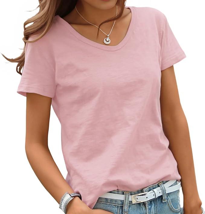 Women‘s Basic T-Shirts Short Sleeve,100% Lightweight Cotton,V Neck,Ladies Plain Soft Regular Loose Fit Workout Tees Tops for Women (Medium, Pink)