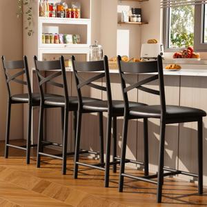 Bar Stools Set of 4, Counter Height Bar Stools with PU Upholstered Seat, Metal Frame Kitchen Bar Chairs with X-Design Back and Footrest for Kitchen Island, Counter Bar, Dining Room, 26" Black