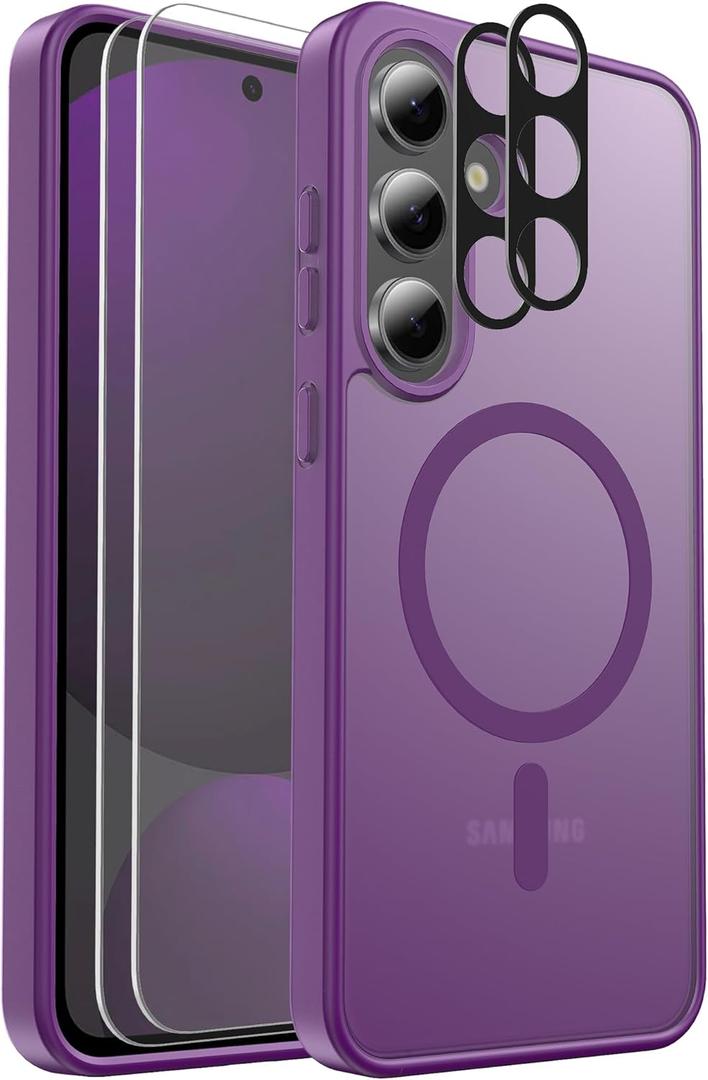 Ezanmull for Samsung Galaxy S24 FE Case Magnetic Shockproof, [Fit for MagSafe] [Glass Screen Protector + Camera Lens Protector] Translucent Anti-Fingerprint Case for Samsung Galaxy S24 FE (Purple)
