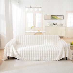 AMWAN Cozy Faux Fur Couch Cover Large Fuzzy Blanket for Sofabed,Loveseat Thick Cozy Shaggy Sofa Slipcover for Sectional,L Shaped Sofa Pets Multifunctional Throws Living Room Decor,Cloud White,71x134