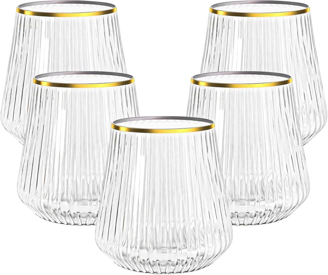 N9R 24 Count 12oz Clear Plastic Cups with Gold Rim - Elegant Origami Ripple Design, Shatterproof & Disposable for Whiskey, Cocktail, Champagne, Parties, Weddings, Events