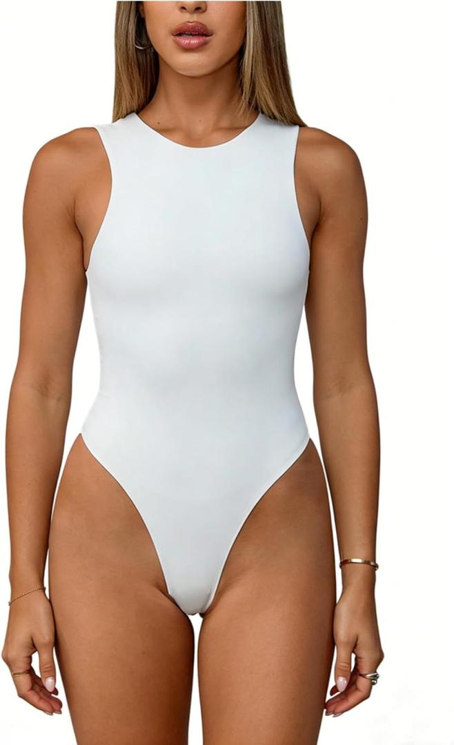 OYOANGLE Women's Crewneck Sleeveless Basic Bodysuits Seamless Tank Top Leotard One Piece Outfits White Medium
