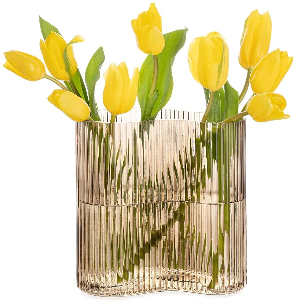 MOLIMAO Glass Vase for Centerpieces,Modern Large Vase for Flowers,Footprint Shape Striped Bottle for Home,Office Restaurant Desk Decor 8.3 Inch(Brown)