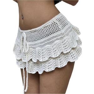 Milumia Women's Drawstring Layered Crochet Mini Skirt Low Waist Scallop Trim Beach Skirts Large