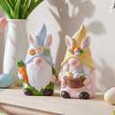 DN DECONATION Easter Decorations Gnomes Bunny Figurines Set, 2-Pcs Resin Rabbit-Eared Gnome Decor with Easter Egg Basket & Carrot, Cute Spring Decor Tabletop Decor for Mantel Shelf Home Easter Party (Pink and Green)