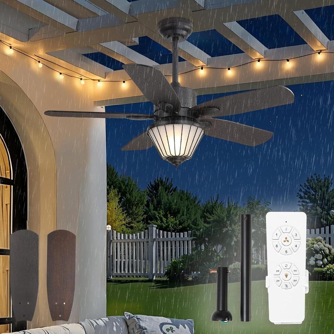 42" Outdoor Ceiling Fan with Lights for Patios, IP65 Waterproof | Remote Control, Hardwired, Bulb Light, 6 Speeds, Reversible, 5 Dual Finish Blades for Patio Gazebo Porch, Black