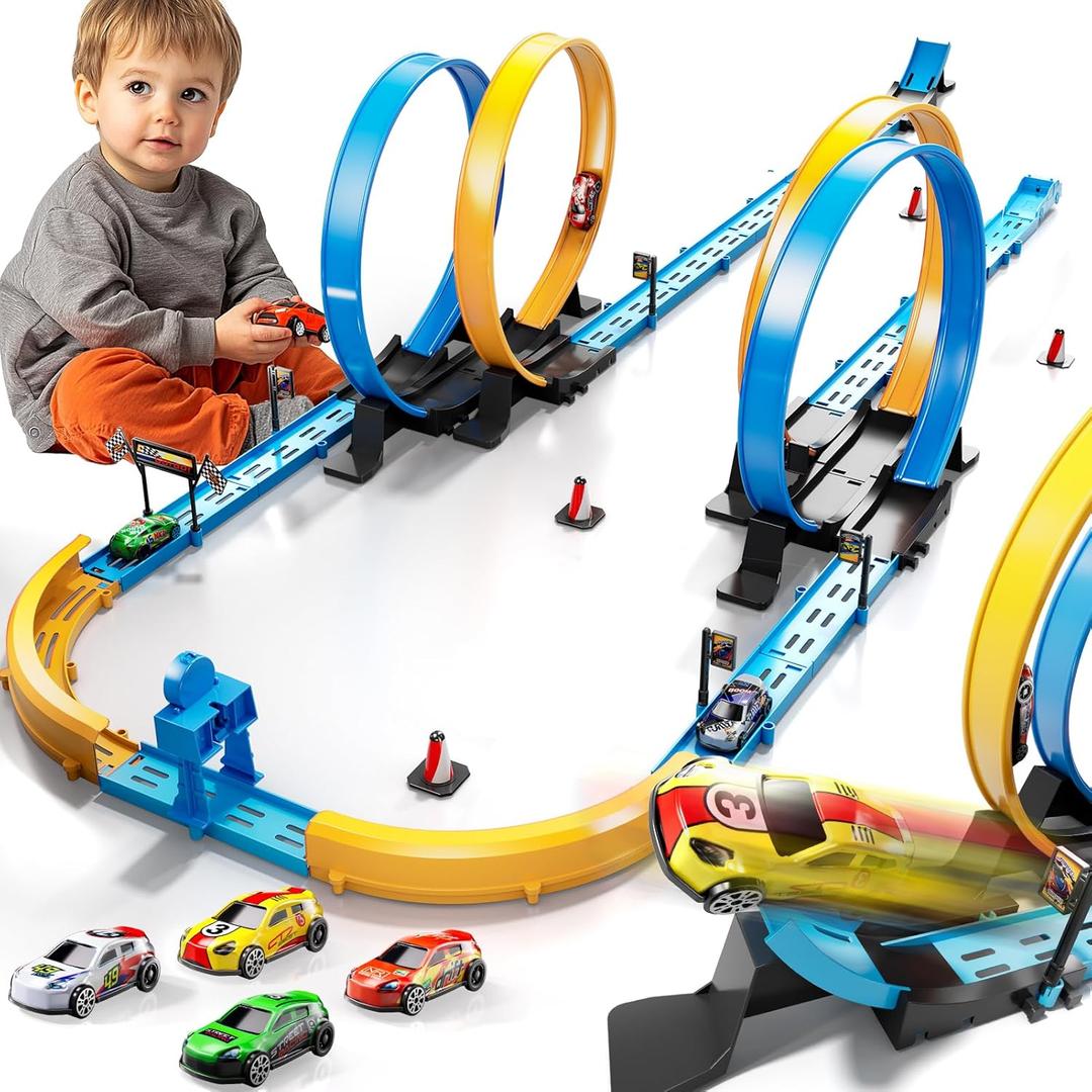 LILYBUDS Toy Car Track Gift Set for Boys Kids Age 35 47 812, Long Race Tracks with 4 Action Loops and 4 HighSpeed Slot DieCast Race Cars, 35+ Pieces Race Tracks to Create Multiple Configurations