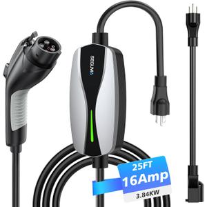 Level 1/2 EV Charger, 16Amp Electric Car Charger Portable EV Charger 25FT Cable with NEMA 6-20 Plug and NEMA 5-15 Adapter, Home Mobile EV Charging Station for J1772 BEVs/PHEVs 110V-240V(Silver)