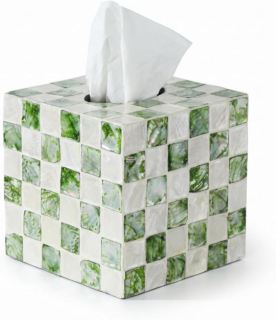 Coeusy Square Tissue Box Cover,Handmade Checkered Decorative Tissue Holder with Capiz Shells,Boho Coastal Tissues Cube Box Cover for Living Room Decor,Bathroom, Bedroom or Office(White and Green)