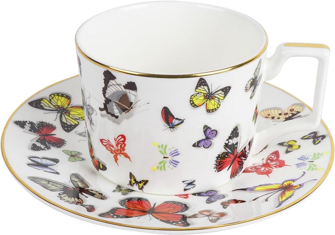 TOCCOOL Butterfly Cup and Saucer Set  Bone China Cup and Saucer Set, Butterfly Tea Set, Elegant Pattern, Suitable for Home, Cafe, Western Restaurant (1 Set)