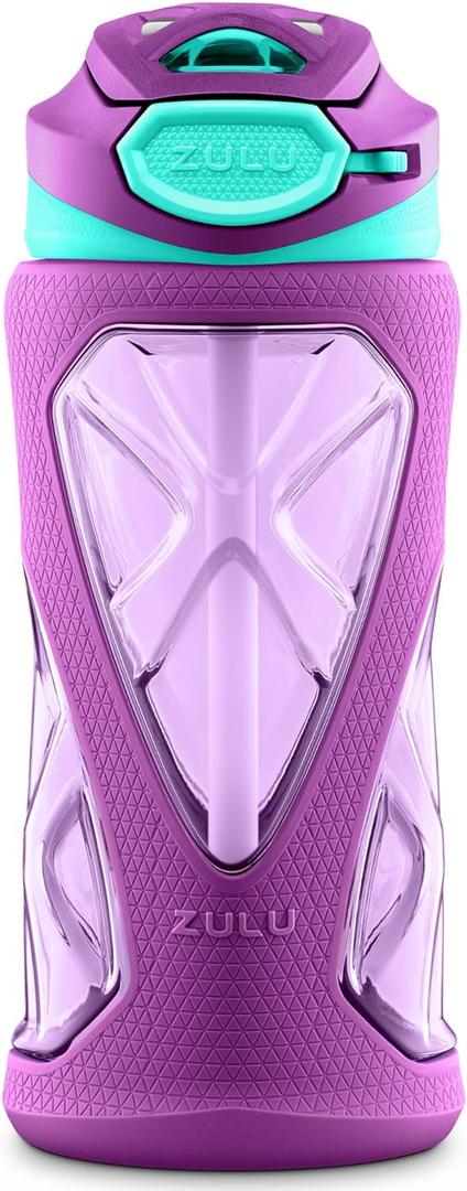 ZULU Torque 16oz Plastic Kids Water Bottle with Silicone Sleeve and Leak-Proof Locking Flip Lid, Soft Touch Carry Loop for School Backpack, Lunchbox, BPA-Free Dishwasher Safe, Purple